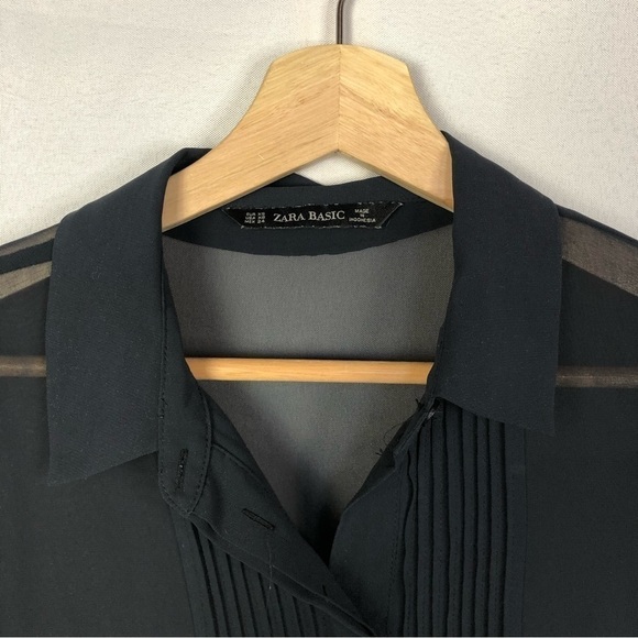 Zara Navy Blue Pleated Tuxedo Front Chiffon Long Sleeve Button Down XS - Picture 3 of 3